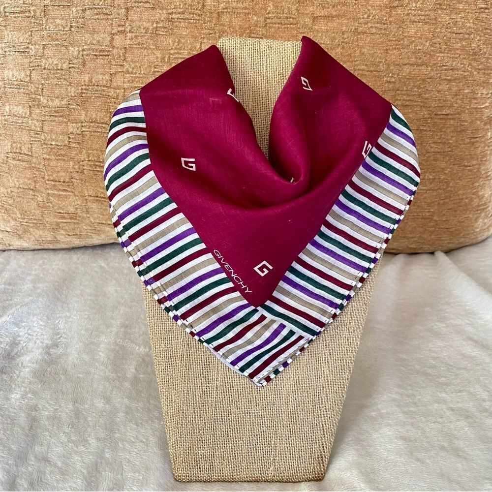 GIVENCHY Cranberry/Maroon Logo Scarf with Striped Border Edge. EUC!
